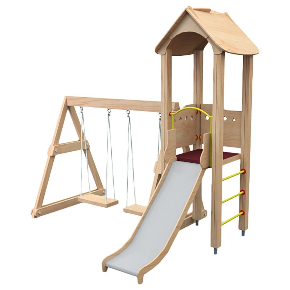 Wooden playhouse with clearance ladder